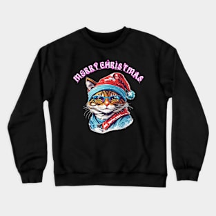 cute cat waring Christmas hat and sunglasses Crewneck Sweatshirt